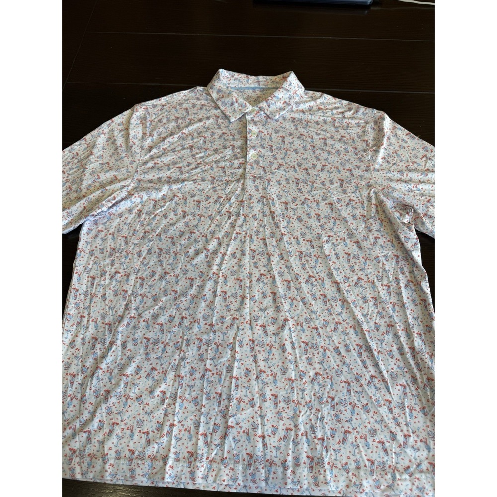 MAELREG Mens Performance Polo Shirt XL White Cocktail Drink Print Golf Stretch